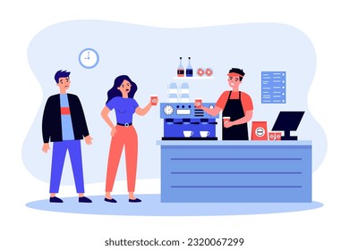 Angry customers at coffee shop vector illustration. Conflict between buyers and barista over bad taste and high price of drink. Deterioration of coffee taste, lack of coffee, climate change concept