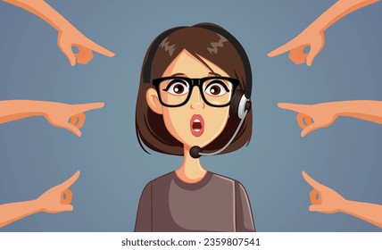 
Angry Customers Pointing to a Customer Service Person Vector Cartoon Illustration. Customer service representative being blamed by furious clients 
