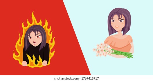 Angry and cute beautiful girl. Furious wicked woman blazing fire happy smiling with flowers stylish hairstyle female cartoon mood swings from positive to negative emotional vector.