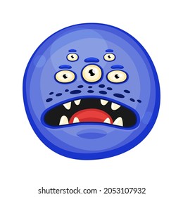 Angry cute flat cartoon round monster. Halloween funny face of monster with emotion, vector Illustration.