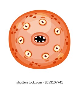 Angry cute flat cartoon round monster. Halloween funny face of monster with emotion, vector Illustration.