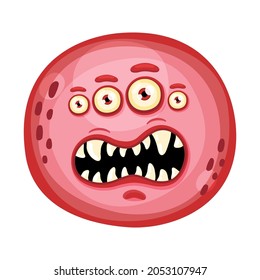 Angry cute flat cartoon round monster. Halloween funny face of monster with emotion, vector Illustration.