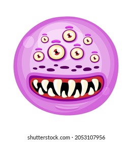 Angry cute flat cartoon round monster. Halloween funny face of monster with emotion, vector Illustration.