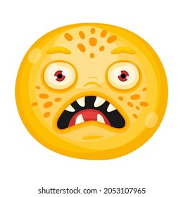 Angry cute flat cartoon round monster. Halloween funny face of monster with emotion, vector Illustration.