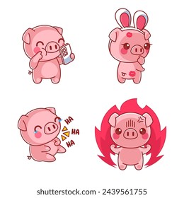 Angry cute pig in cartoon style set