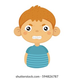 Angry Cute Small Boy With Big Ears In Blue T-shirt, Emoji Portrait Of A Male Child With Emotional Facial Expression