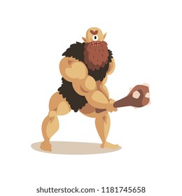 Angry Cyclops caveman with a cudgel, ancient mythical creature cartoon vector Illustration on a white background