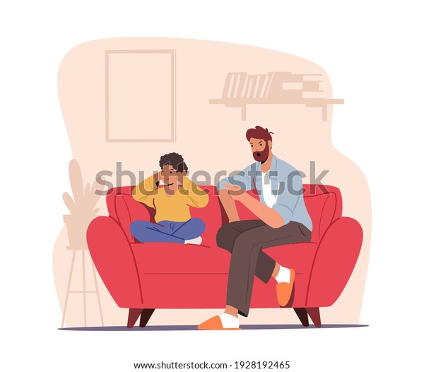 Angry Dad Character Sit on Couch Scold Son\
Closing Ears with Hands. Offended Stubborn Boy Child Ignore\
Listening to Mad Father Talking, Dispute or Quarrel at Home.\
Cartoon People Vector\
Illustration