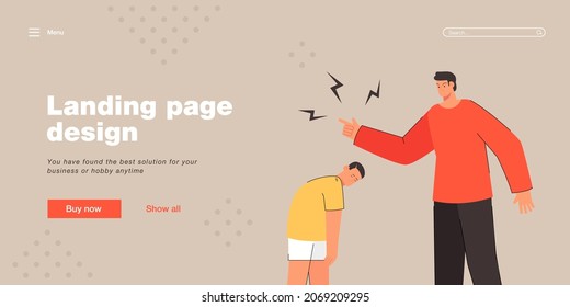 Angry dad punishing sad son flat vector illustration. Father screaming at crying child. Conflict, relationship, family, abuse, parenting concept for banner design or landing page