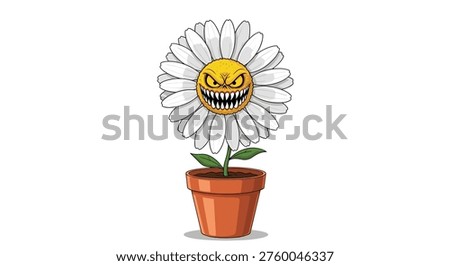 Angry daisy flower with sharp teeth and a mean expression growing in a brown clay pot against a plain white background.