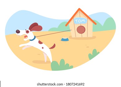 Angry dangerous dog barks loudly. Pet chained by doghouse in yard. Animal aggressive protects its territory from burglar. Vector character illustration of terrier domestic guard, furious doggy