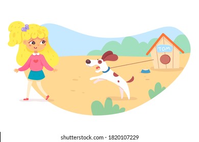 Angry dangerous dog barks loudly on scared little girl. Pet chained by doghouse in yard. Child runs away from guard doggy. Animal aggressive protects its territory. Vector character illustration