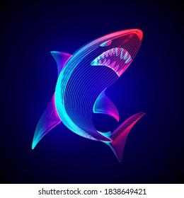 Angry dangerous shark. Outline vector illustration of underwater wildlife sea fish animal in 3d line art style on neon abstract background