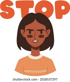 Angry dark skin woman, No word. Young girl protested, stress, fear. No means no concept, stop racism. Flat character avatar icon design vector illustration. Feminism, protest activism