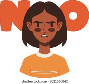 Angry dark skin woman, No word. Young girl protested, stress, fear. No means no concept, stop racism. Flat character avatar icon design vector illustration. Feminism, protest activism