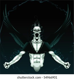 Angry Demon with background. Vector horror illustration, isolated object