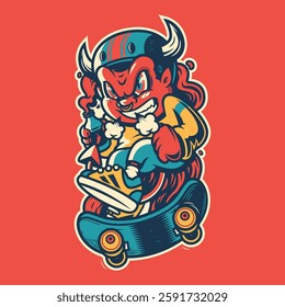 Angry Demon Devil Skater Boy Cartoon Illustration Vector Skateboard 