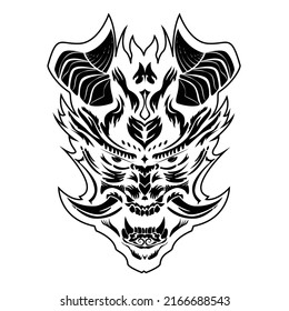 Angry demon mask tattoo design. Hannya Japanese oni isolated. Vector illustration