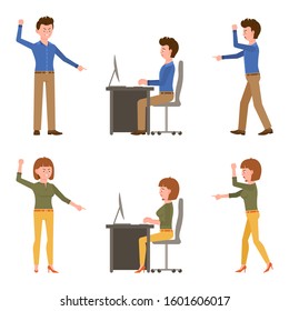 Angry, desperate, upset, sad office boy and girl vector illustration. Shouting, pointing finger, scolding, reproach, blaming male and female cartoon character set