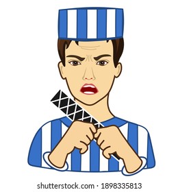 angry determined man prisoner in a striped robe and hat that is going to break free from isolation in prison and escape by cutting bars with rasp