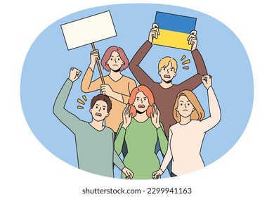 Angry determined people with Ukrainian flags and banners protest against war. Men and women activist on demonstration support Ukraine. Stop war concept. Flat vector illustration.