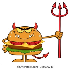 Angry Devil Burger Cartoon Character Holding A Trident. Vector Illustration Isolated On White Background