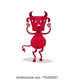Angry devil with horns and tail, red demon cartoon character vector Illustration