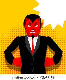 Angry devil. Satan is not happy. Angry red Demon. Lucifer is furious. Lord of Hell in pop art style. Bubble for text