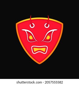 angry devil shield illustration. red, black, orange, and white. suitable for logo, mascot, emblem, symbol or sign