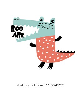 Angry dino. Cartoon creative alligator vector illustration in scandinavian style. Vector Illustration. Can be used print print for t-shirts, home decor, posters, cards.