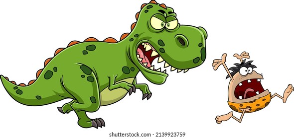 Angry Dinosaur Chasing A Caveman Cartoon Characters. Vector Hand Drawn Illustration Isolated On White Background
