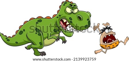 Angry Dinosaur Chasing A Caveman Cartoon Characters. Vector Hand Drawn Illustration Isolated On White Background