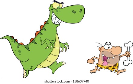 Angry Dinosaur Chasing A Caveman. Vector Illustration Isolated on white