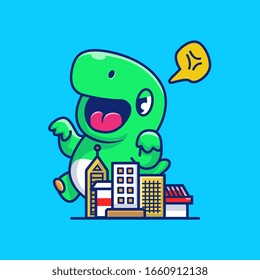 Angry Dinosaur Destroy City Vector Icon Illustration. Dino Mascot Cartoon Character. Animal Icon Concept White Isolated. Flat Cartoon Style Suitable for Web Landing Page, Banner, Flyer, Sticker, Card