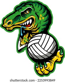 angry dinosaur mascot holding volleyball for school, college or league sports