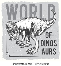 Angry dinosaur on grey background in vintage style. Original vector illustration of a dinosaur.