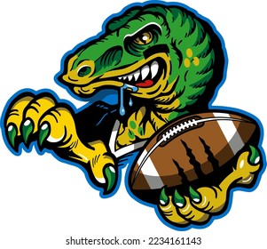 angry dinosaur raptor mascot holding football for school, college or league sports