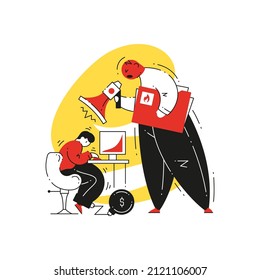 Angry director manager screaming to chained scared male employee at workplace vector flat illustration. Aggressive boss scolded to office worker use megaphone. Stress conflict at job with loud voice