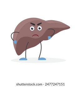 Angry disappointed human liver character, poor metabolism of patients organ vector illustration