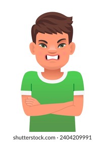 An angry, disgruntled little boy with the genetic disease Down Syndrome stands with his arms crossed. The sunny child. Vector illustration in cartoon style.