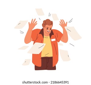 Angry disgruntled office worker in stress, anger. Furious annoyed employee throwing paper documents. Man in bad mood screaming, gesturing. Flat vector illustration isolated on white background