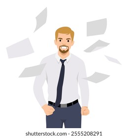 Angry disgruntled office worker in stress. Furious annoyed employee throwing paper documents. Flat vector illustration isolated on white background