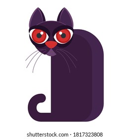 Angry, displeased black cat with huge red eyes. Character for halloween. Flat vector cartoon illustration.