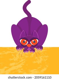 Angry, displeased black cat with huge red eyes. Character for halloween poster design. Flat vector cartoon illustration.