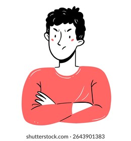 An angry, dissatisfied young man with his arms crossed over his chest in a simple linear doodle style. Vector isolated illustration