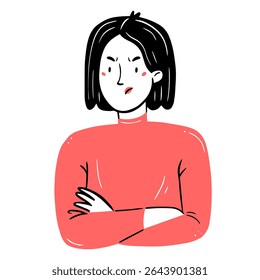 An angry, dissatisfied young woman with his arms crossed over her chest in a simple linear doodle style. Vector isolated illustration.