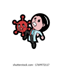 The angry doctor kicked the coronavirus, the coronavirus cried and regretted it, good for stickers, doodles, cartoon, t shirt design, childish, covid 19, medicine, bacteria, virus, healthcare