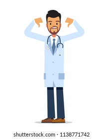 Angry doctor with stethoscope showing thumb down. Vector character design isolated on white background.