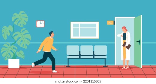 Angry doctor waiting for patient being late for his appointment and going along corridor flat vector illustration