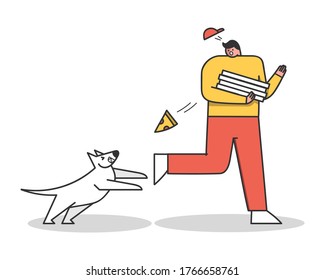 Angry dog attacking pizza delivery man. Aggressive dog barking on guy. Cartoon characters isolated. Homeless canine danger concept. Flat design vector illustration